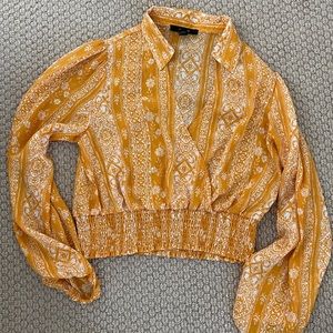 Yellow print festival tribal long sleeve crop top